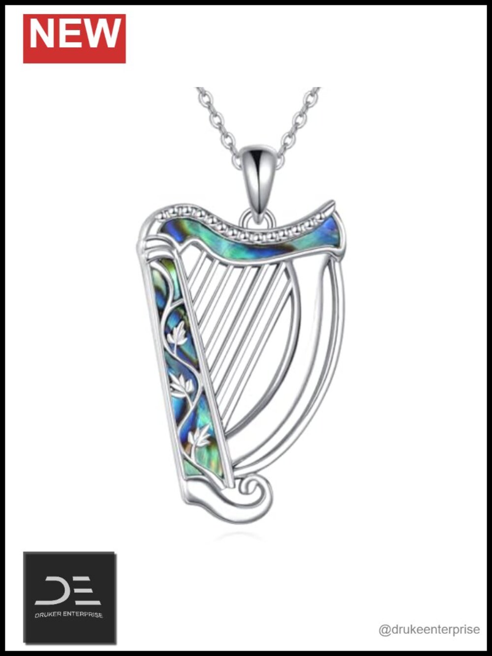 925 Sterling Silver Harp Pendant Necklace Abalone Music Jewelry Gift